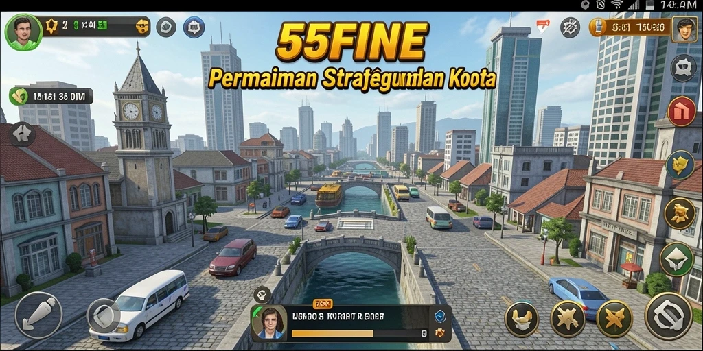 Screenshot gameplay 55FIVE yang menampilkan pembangunan kota yang strategis.