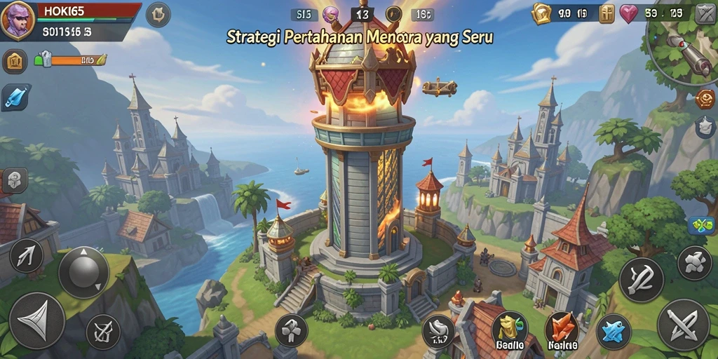 Screenshot gameplay HOKI65 menampilkan aksi menara bertahan melawan musuh.