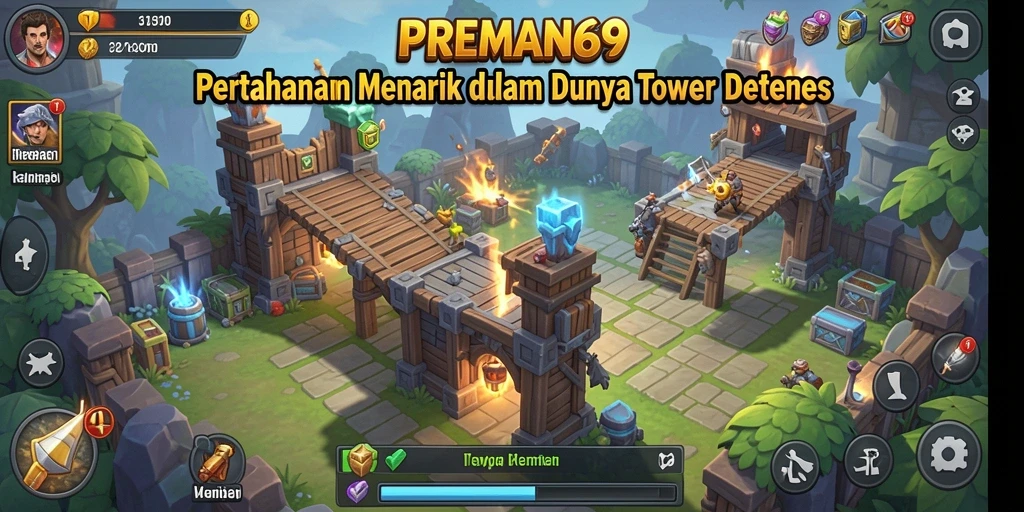 Screenshot gameplay PREMAN69 dengan menara dan musuh beraksi.