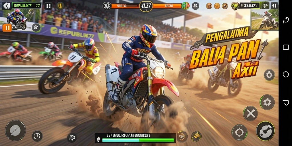 Tampilan gameplay intens di REPUBLIK77 dengan kendaraan dan trek balap yang memukau.